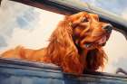 Happy Irish setter dog with head out car window.  (AI Generated) Art Print